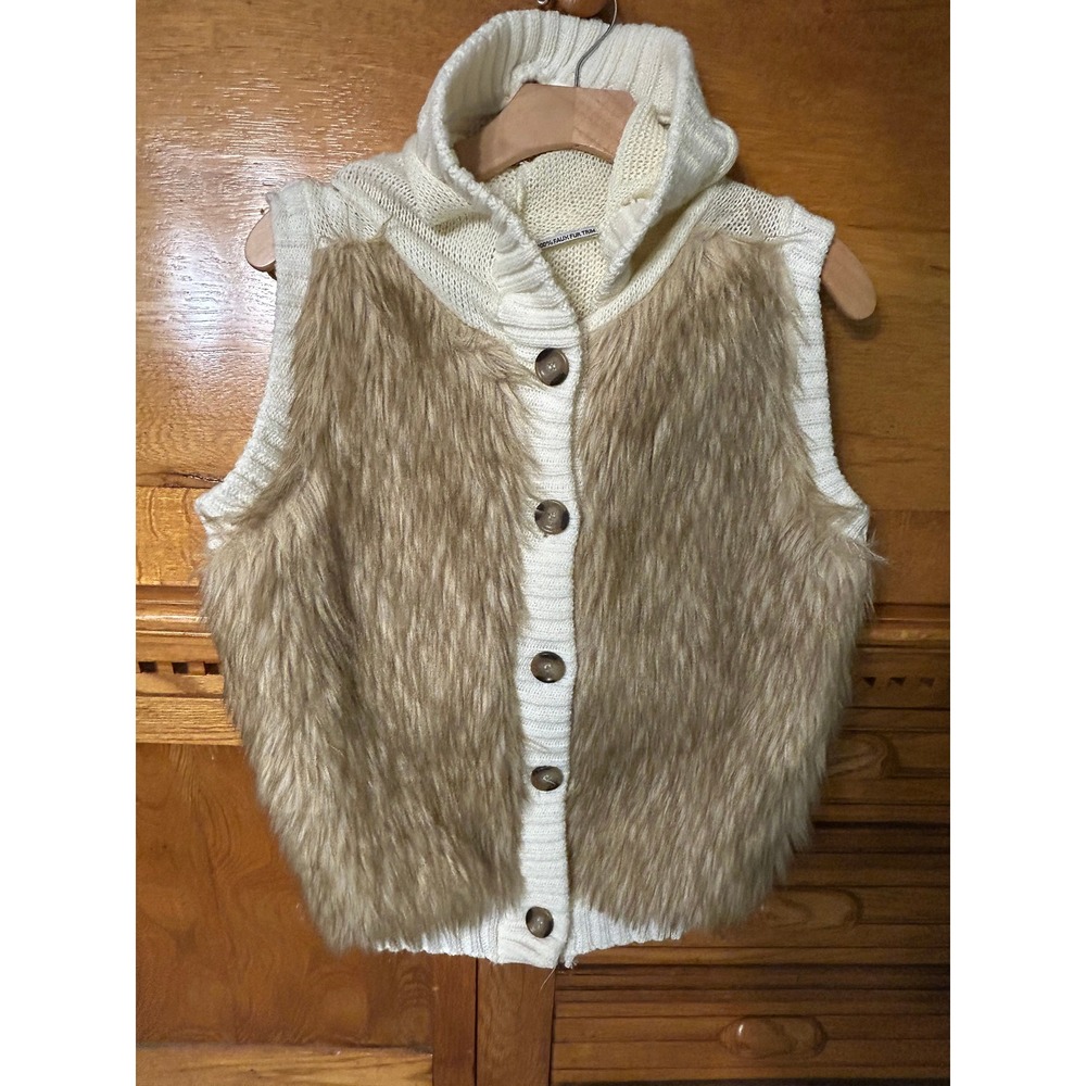 Poof Y2K Faux Fur Knit Hooded Vest Cream Button Front Boho Chic Concert Fairy